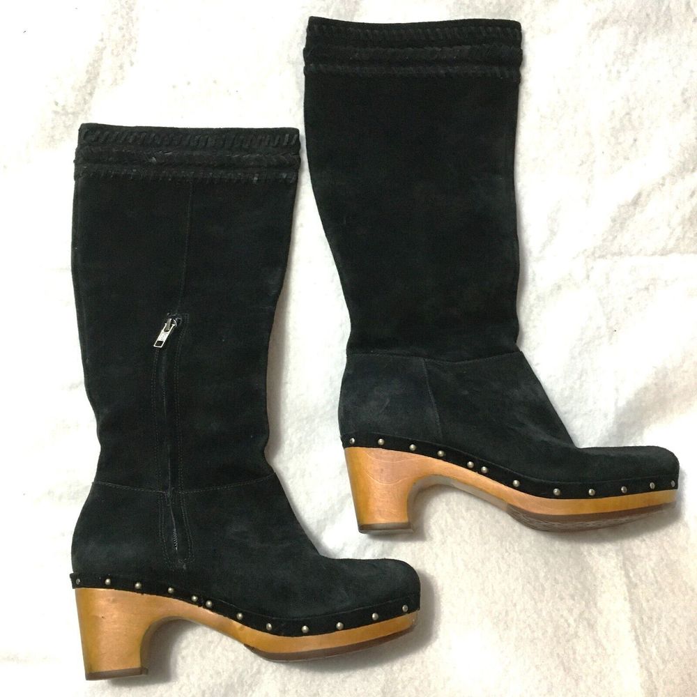 UGG Women's Black Suede Leather Tall Wood Clog Heel Boots-Size 8 - Picture 2 of 8
